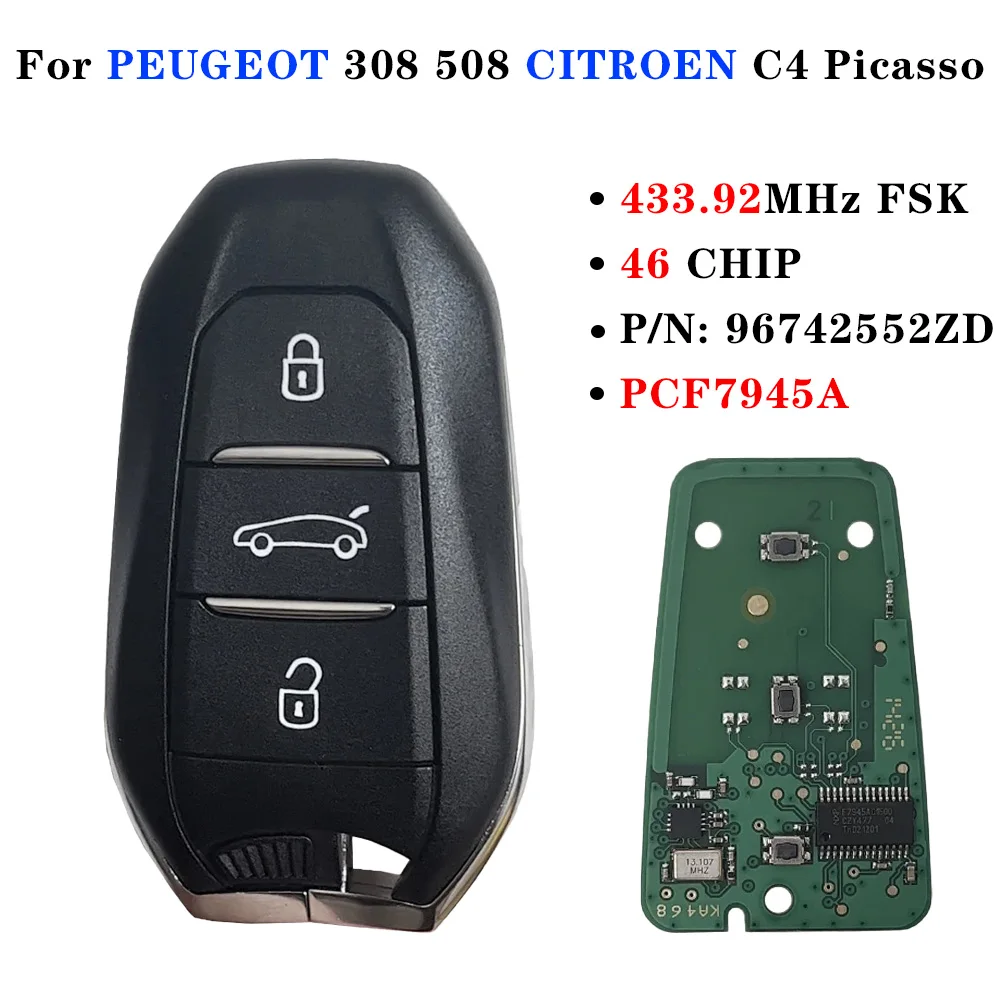 PCF7945 433MHz 3 Button   ID46 Smart Key Keyless For PEUGEOT 308 508 CITROEN C4 DS4 DS5 Picasso 2010 2012 2014 2015 2016