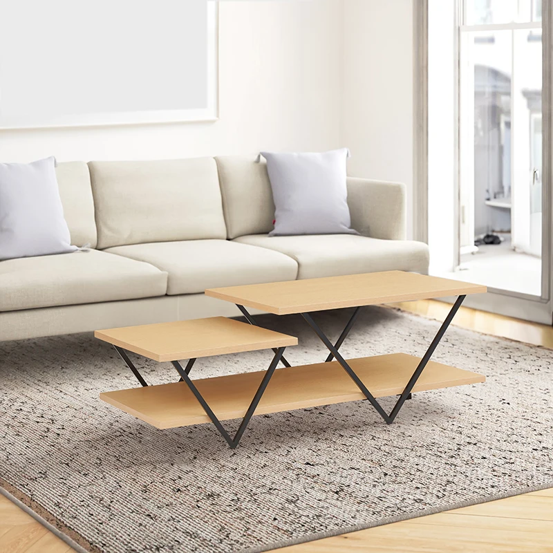 48 Inch 2 Tier Top Coffee Table with Bottom Shelf, V Shape Black Metal Legs, Light Maple Wood On-Site