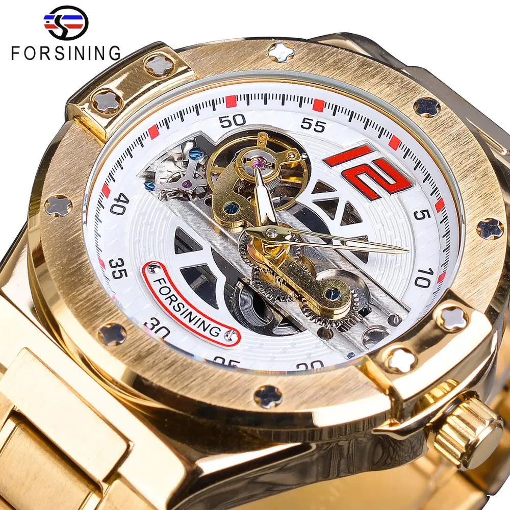 Forsining Brand Transparent Automatic Men Golden Bridge Mechanical Black Stainless Steel Band Skeleton Watches Relogio Masculino