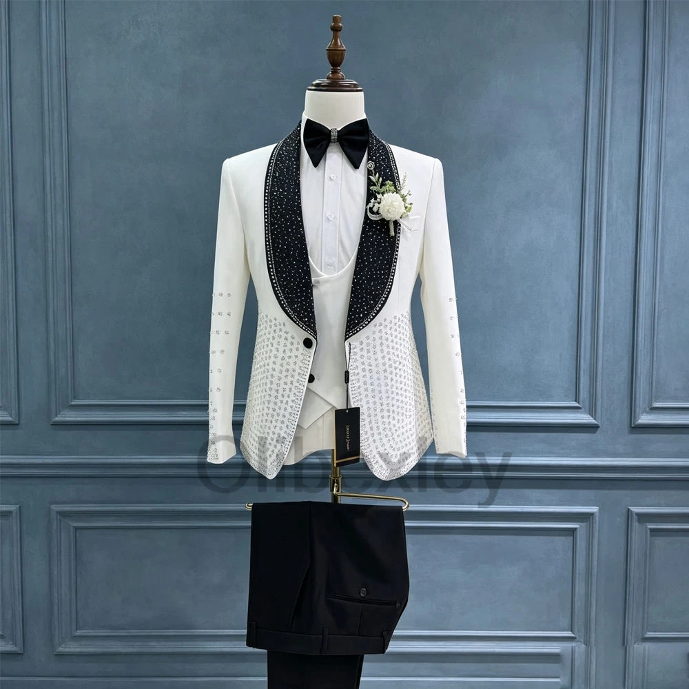 Olibexley Black Men Suits Slim Fit Shawl Lapel Groom Wedding Tuxedos 3 Pieces Sets Male Prom Blazers Ropa Hombre Customized S485