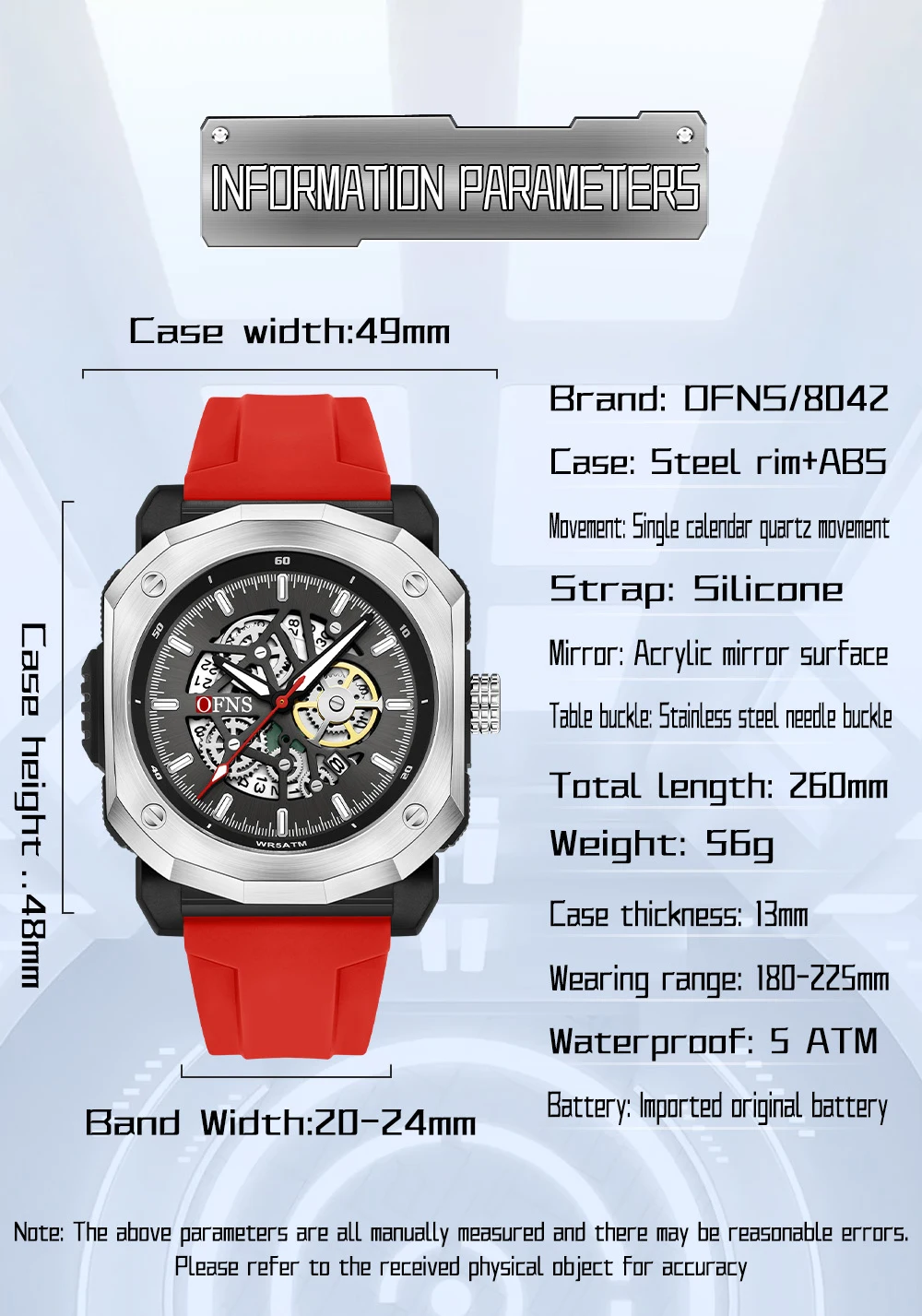 OFNS nuevo 8042 reloj de cuarzo de moda para hombres ahueca hacia fuera el reloj de cuarzo multifuncional impermeable con calendario y luz nocturna para hombres