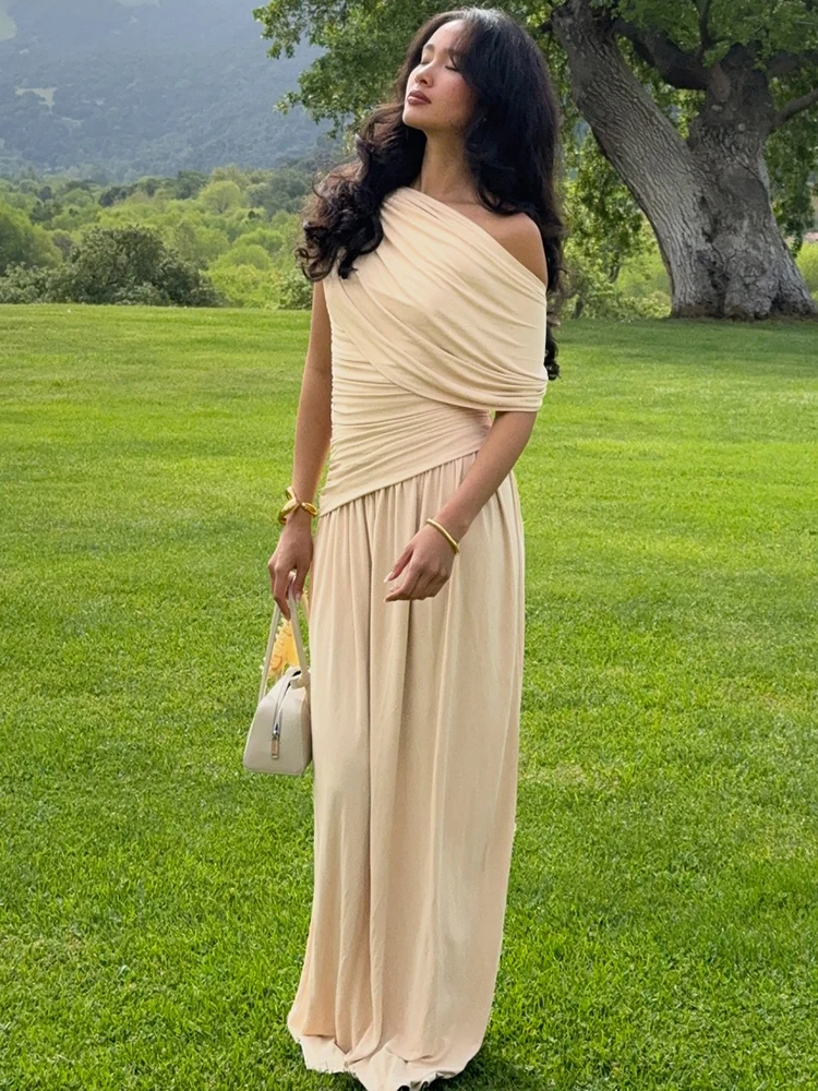 فساتين Sisterlinda المكدسة بكتف مكدسة كلاسيكية أنيقة ثنيات بدون أكمام مستقيمة ماكسي فيستدوس ملابس سهرة نسائية صلبة