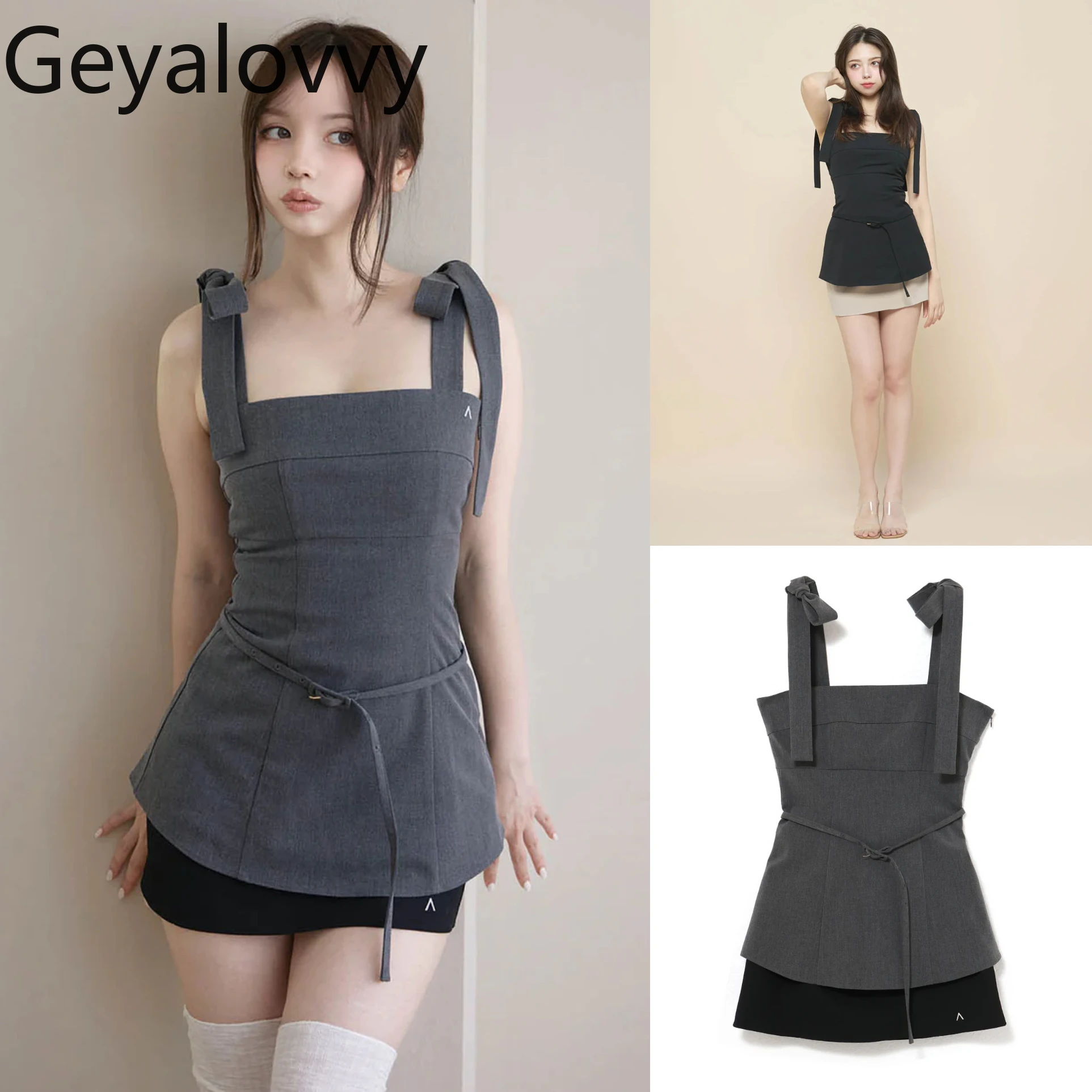 

2025 New Summer Casual Suit Japanese Style Women's 2 Piece Sets Strap Waist Short Dress with A Word Hip Skirt Set Femme