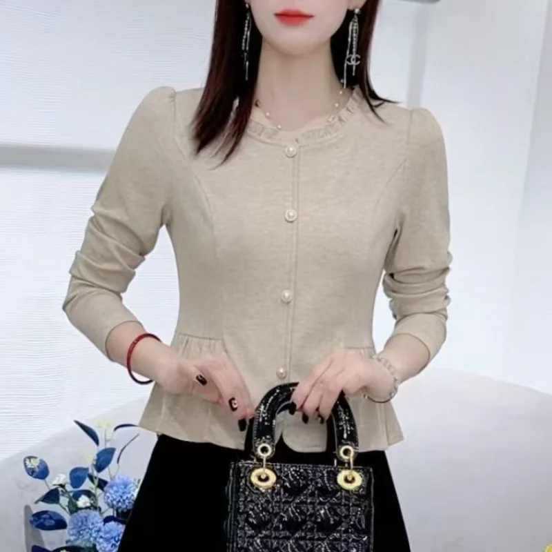 Simple Ruffled Round Neck Cotton Noble and Western Style 2025 Autumn New Temperament Top