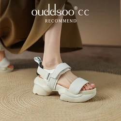 Ods Chic Women Real Genuine Leather Sandals Thick Sole Chunky Heels Goth Shoes Summer Ladies Flat Platform Sandal Hook&Loop 4142