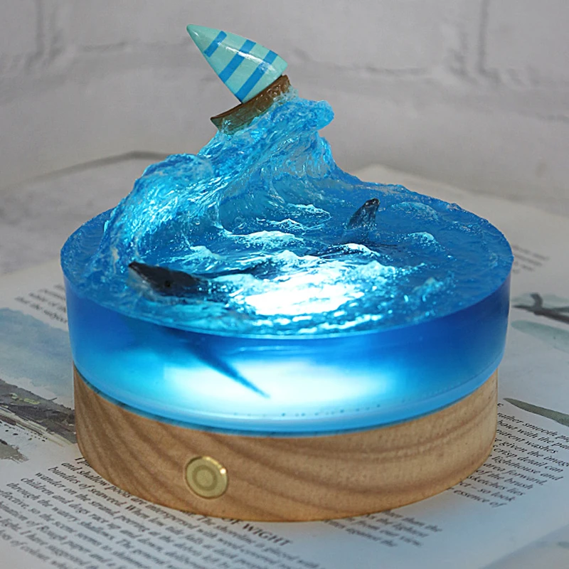 Ocean Adventure Theme Night Light, Resina Table Light, Arte Criativa Decoração, Veleiros Sea Wave, Shark Lamp Theme, USB Charge