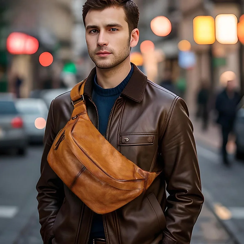 Luxury Leather Waist Bag Large Capaci Convenient Men's Multi-Functional Crossbody Genuine Leather Chest Bag Faionable And...