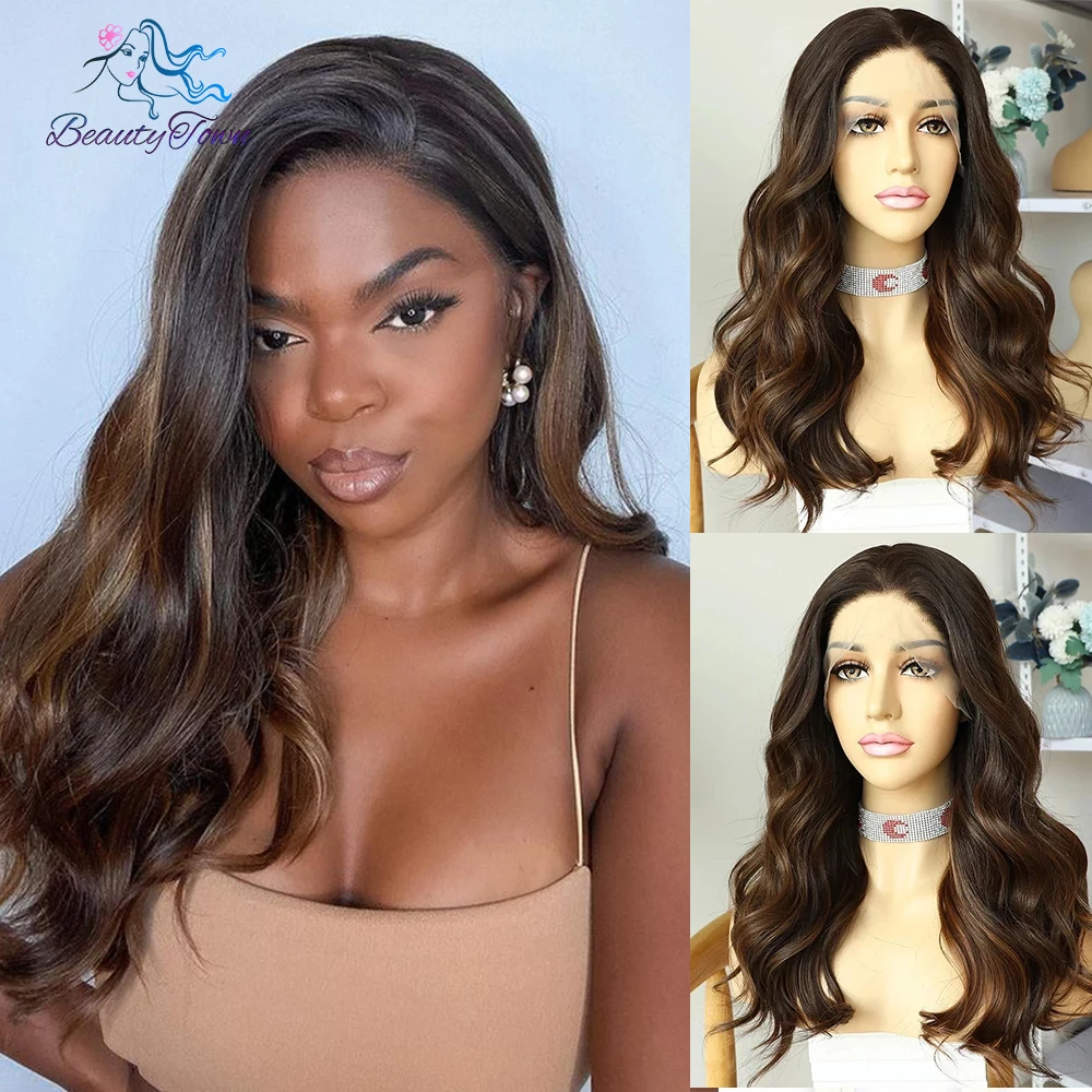 Highlight Wavy Bob Wig Synthetic Lace Front Wigs For Women Brown Black Wig Short Bob Wig Body Wave Transparent Lace Front Wig