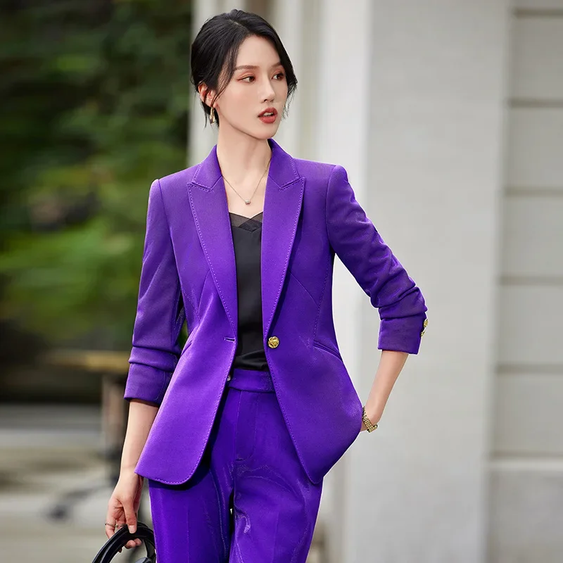 Pop Office Ladies Formal Pant Suit 2 Piece Set Women Green Khaki Red Female Long Sleeve Business Work Wear Blazer Jacket And Tro
