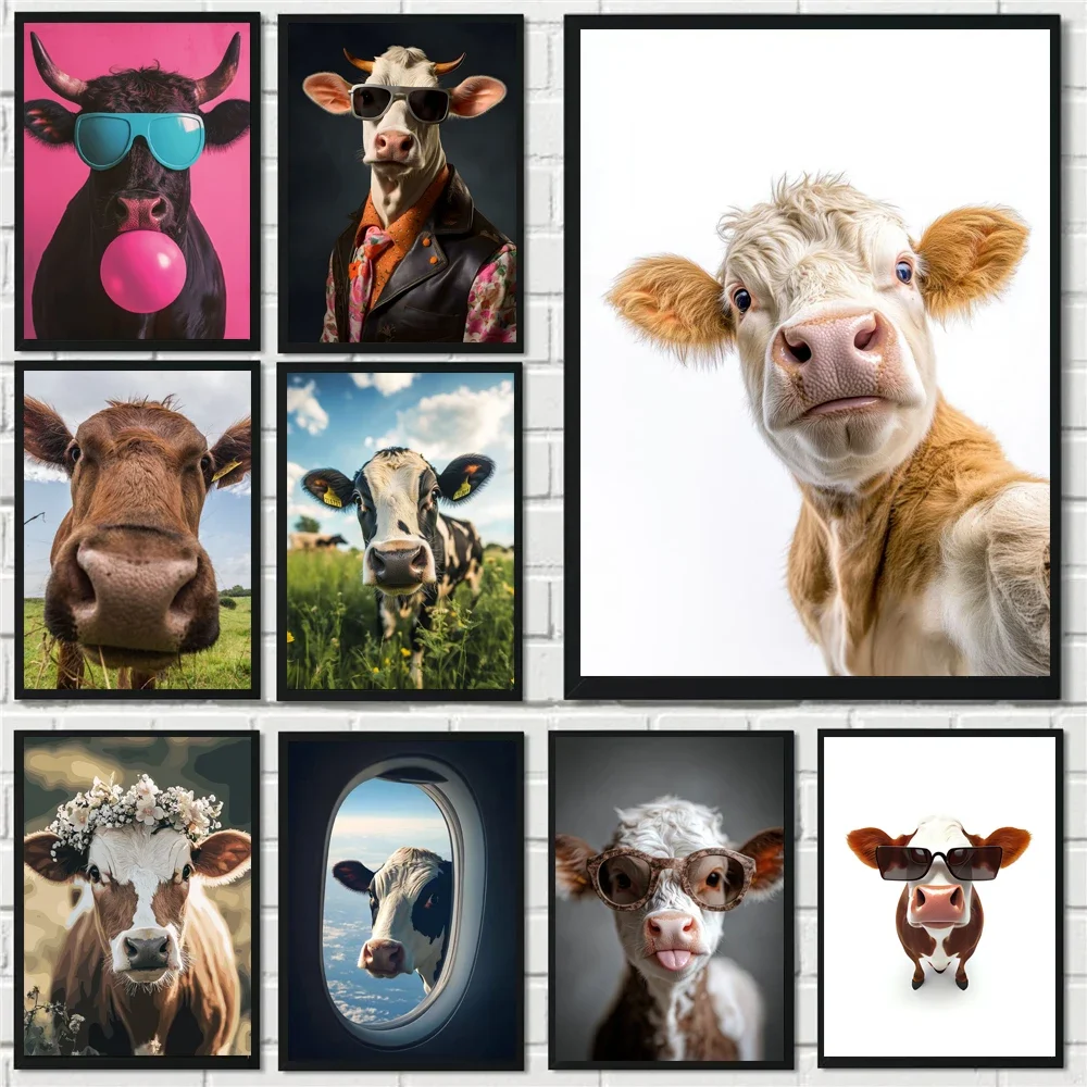 Abstract Interesting Funny Cute Cow Swimming Bath Poster Canvas Art Painting Prints Wall Pictures for Fan Home Room Decoratio