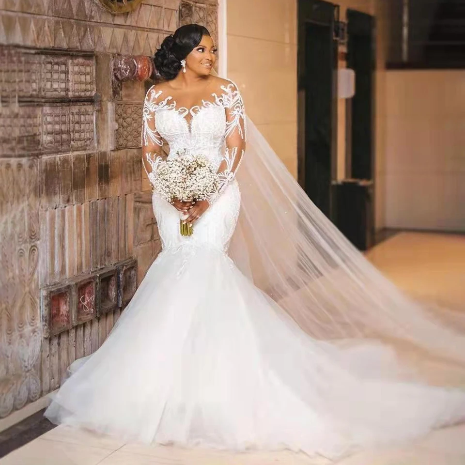 Gorgeous Sheer Neck Mermaid African Wedding Dress 2026 Long Sleeves Lace Appliques Vintage Bride Gown Plus Size Vestido De Novia