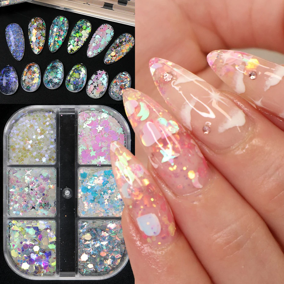 6Grids Fantasy Holographic Glitter Nail Sequins - Shiny Round pieces, Stars, and Small Heart-shaped Sequins Nail Accessories DIY