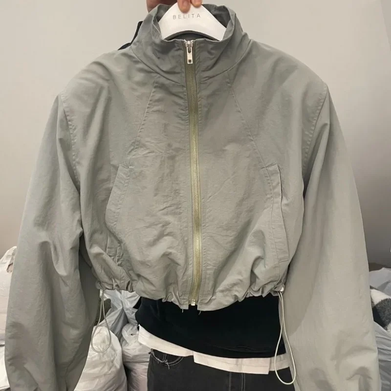 Basic Jackets Stand-up Collar Women Spring Autumn Drawstring Zip-up Outerwear Baggy Casual Pleated College Short Sporty Cardigan
