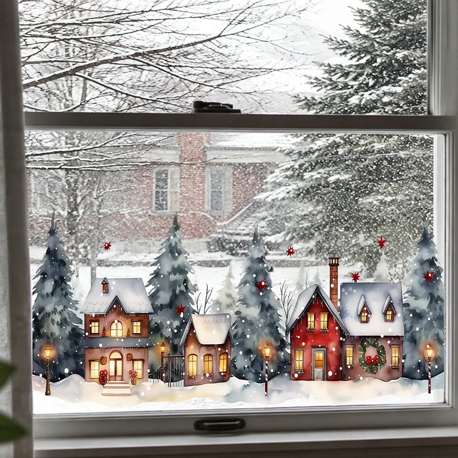 Cozy Winter Watercolor Village Window Sticker Snow Cabin Pine Street Lamp Xmas Glass Decor for Living Room Balcony Bedroom