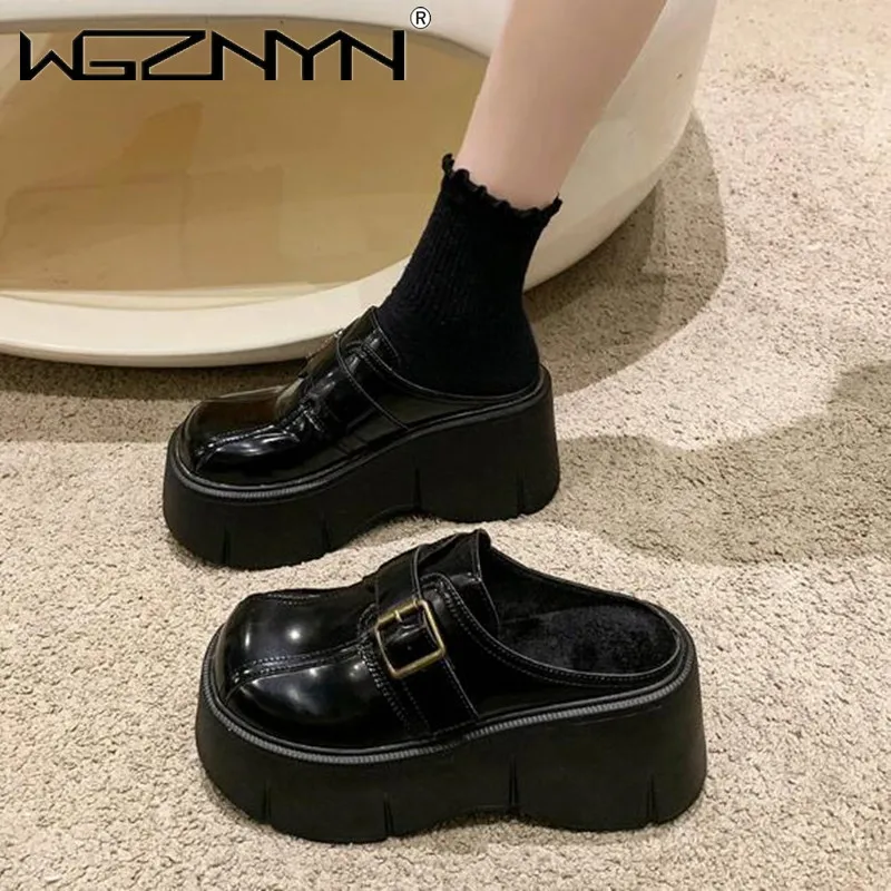 Winter Height Increasing Ladies 8cm Pu Leather Pumps Fashion Platform Wedge White Slippers New Women Slip on Casual Females Shoe