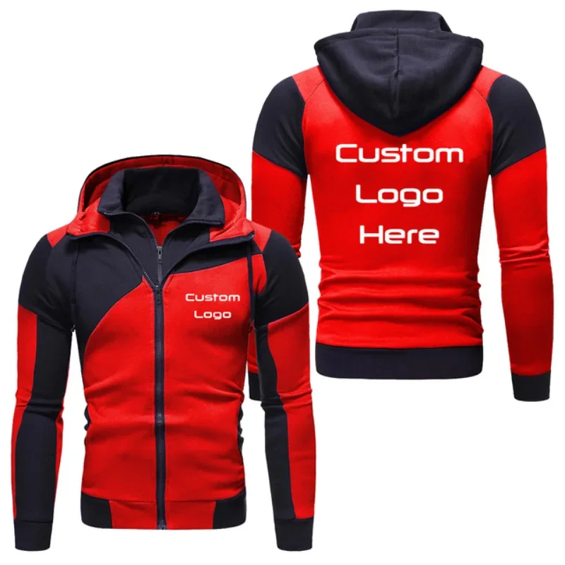 New Men's Custom Logo Hoodies Fashion Double Zipper Patchwork Long Sleeve Jacket Hip Hop Harajuku Clothing Custom Your Logo