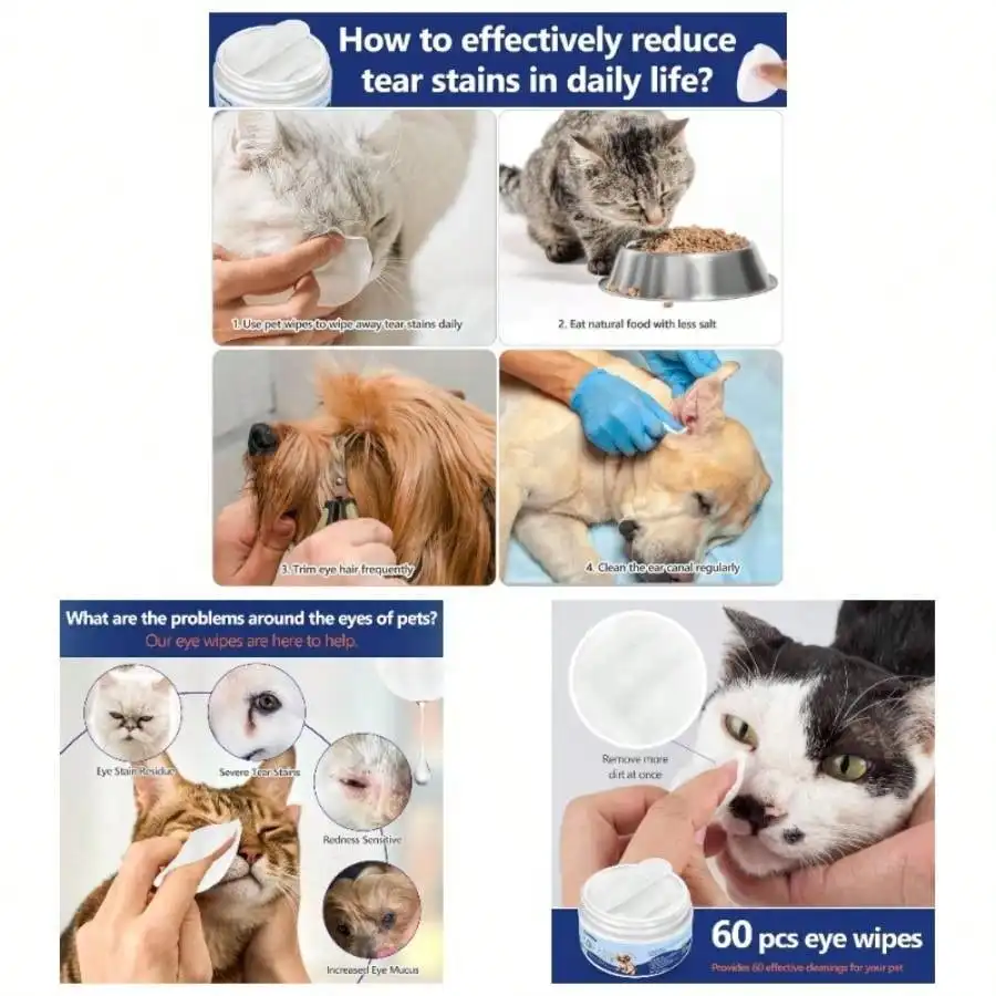 

60Pcs Eyes Wipes Dogs Cats - Gently Remove Tear Stain, Debris, Discharge, Non Stinging Formula To Remove Eye Debris, Pet Cleaning Grooming Deodorizing Wipes Wash Cleaner Eyes, Wrinkle, Face