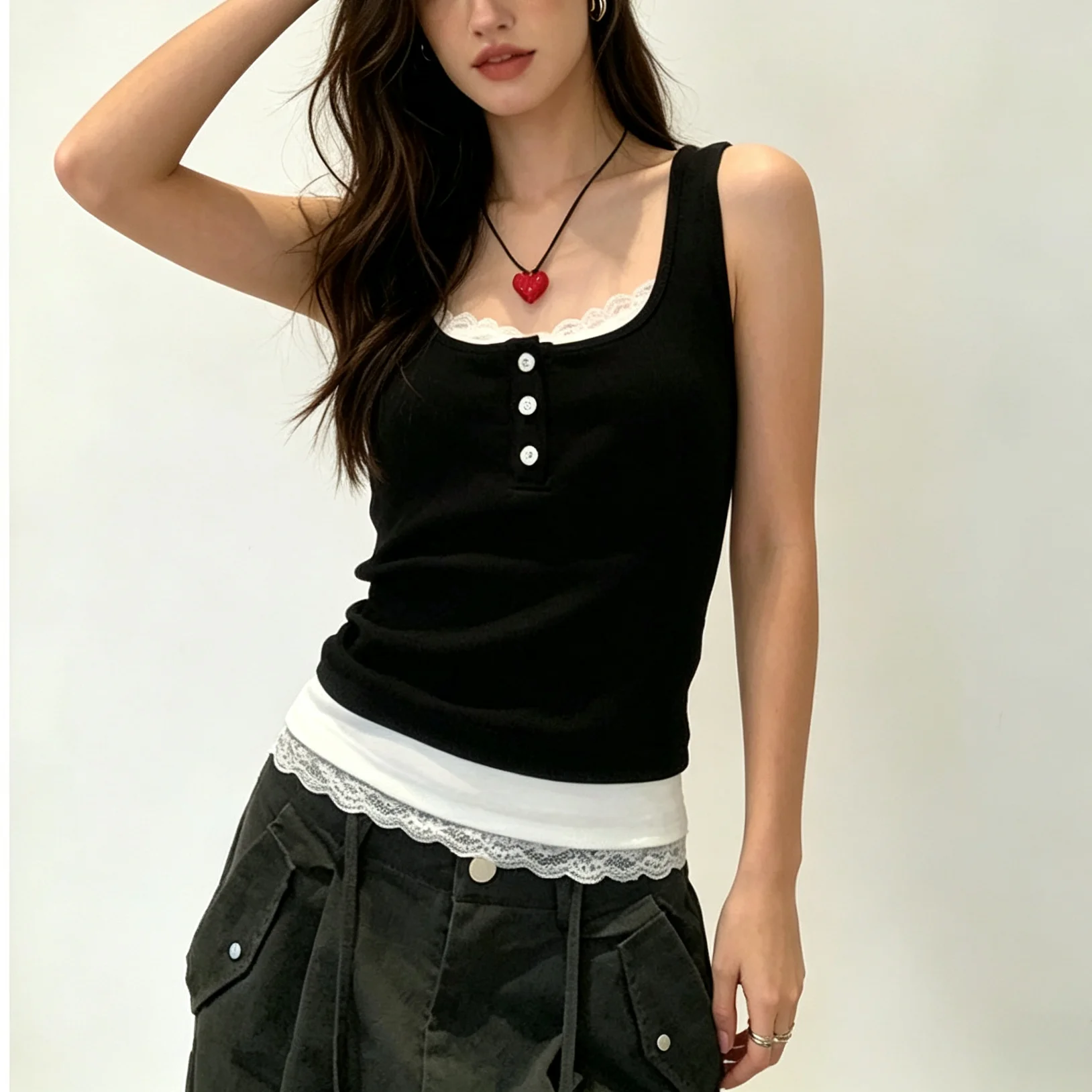 Women Fake Two Piece Lace Trim Tank Tops With Built-in Bra Pads Ribbed Viscose Sleeveless Camisole Slim Fit Crop Vest  A6493
