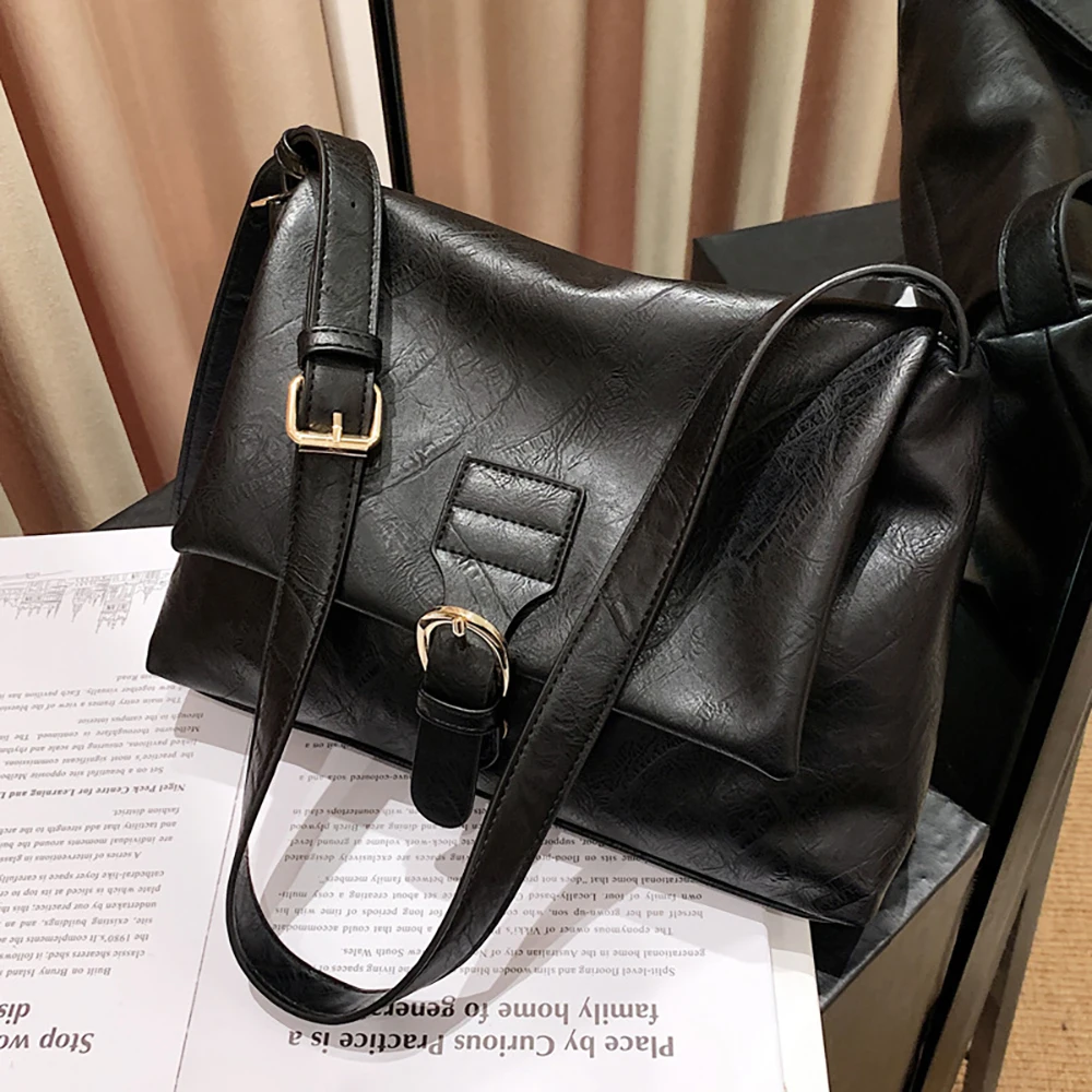 Trendy Vintage Leather Shoulder Bags for Women Korean Style Exquisite Solid Color Crossbody Large Capacity Square Messenger Bag