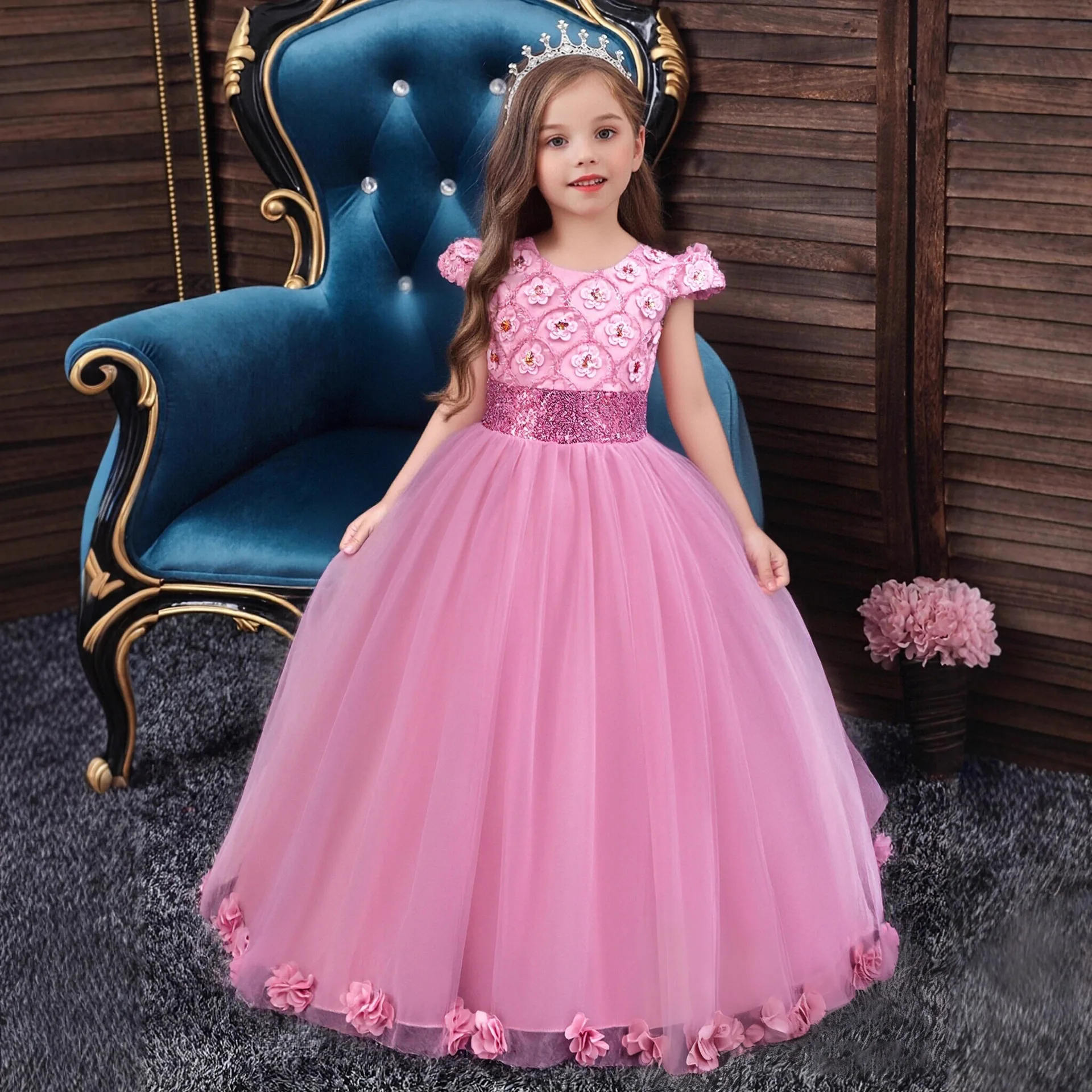 Girls Flower Embroidery Sequins Long Dress For Teens Ceremony Wedding Birthday Party Formal Pageant Prom Christmas Maxi Gown