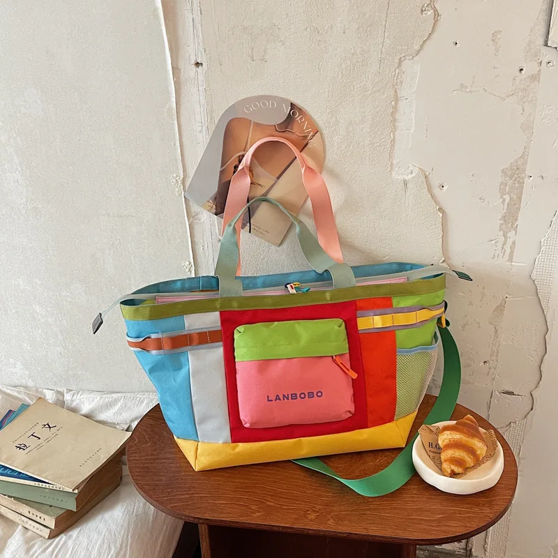 

Dopamine Japan Style Color Block Canvas Tote Bag Large Capacity Women Shoulder Crossbody Handbag Simple Nylon Multicolor