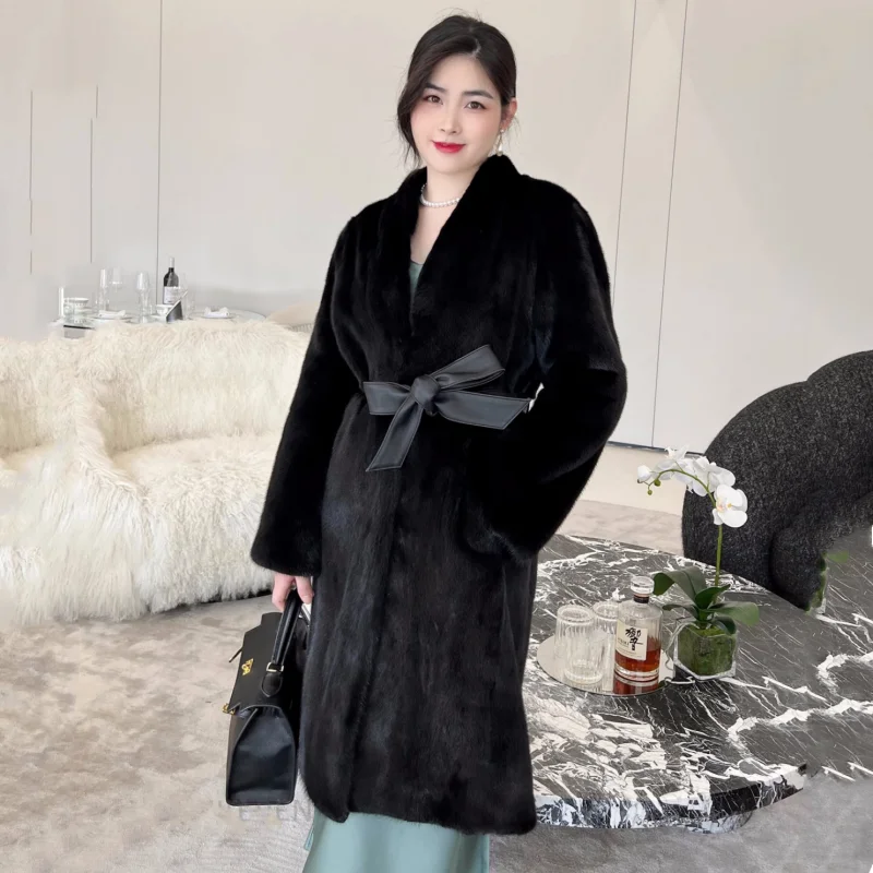 New Fashion Real Mink Fur Women Long Coat Natural Mink Fur Coat Autumn Winter Warm Plus Size  Female Mink Fur Jacket