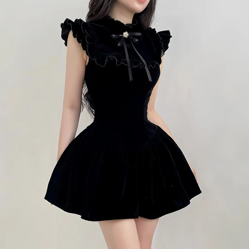 Rockmore Elegant Velvet Black Mini Dresses Sleeveless A-line Korean Fashion Birthday Party Coquette Sexy Ballroom Dress Women