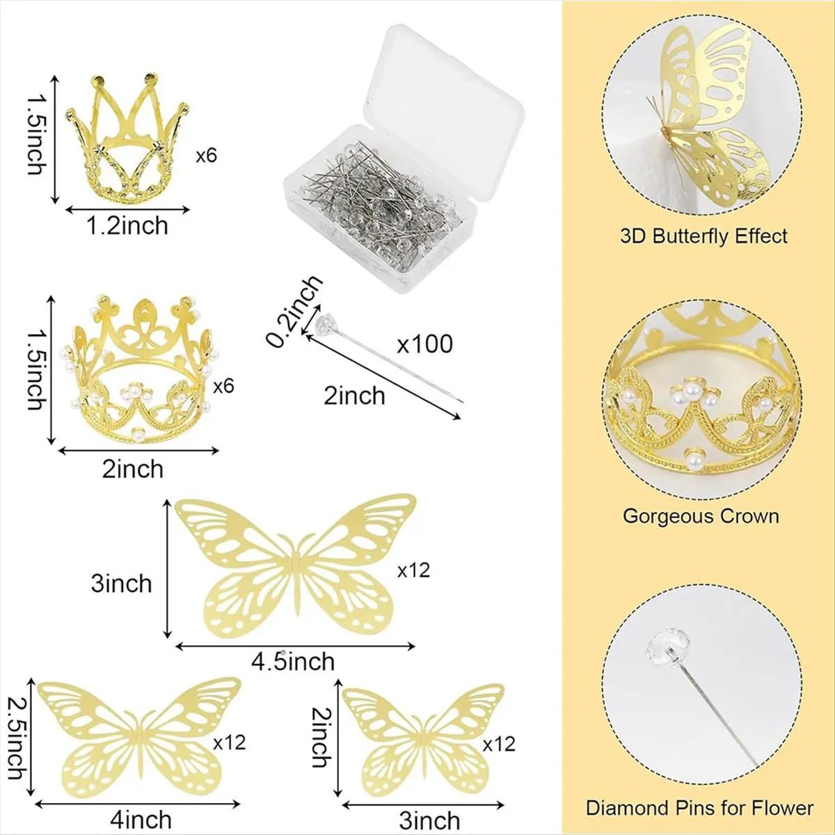 

Набор аксессуаров для свадебного букета AT16, 148 шт. - 36 золотых бабочек, 12 корон, 100 булавок для букетов и корсажей