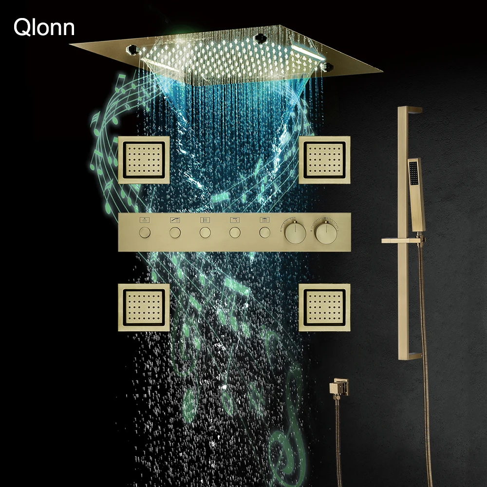 

Qlonn 20 Inch Music Shower System Multi Functions LED Shower Head Bathroom Faucet Set Thermostatic Mixer Black Rain Showerheads