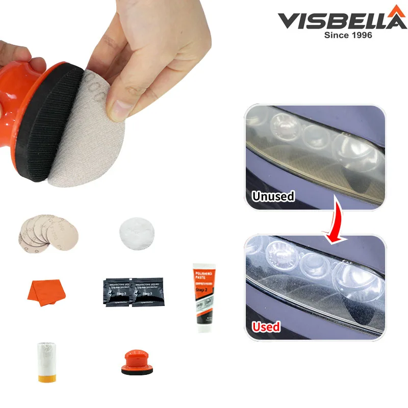 Visbella Car Headlight Polishing Kit Automotive Yellowing Taillight Manual Sanding Tool Rear Light Darkening Scratch Restoration