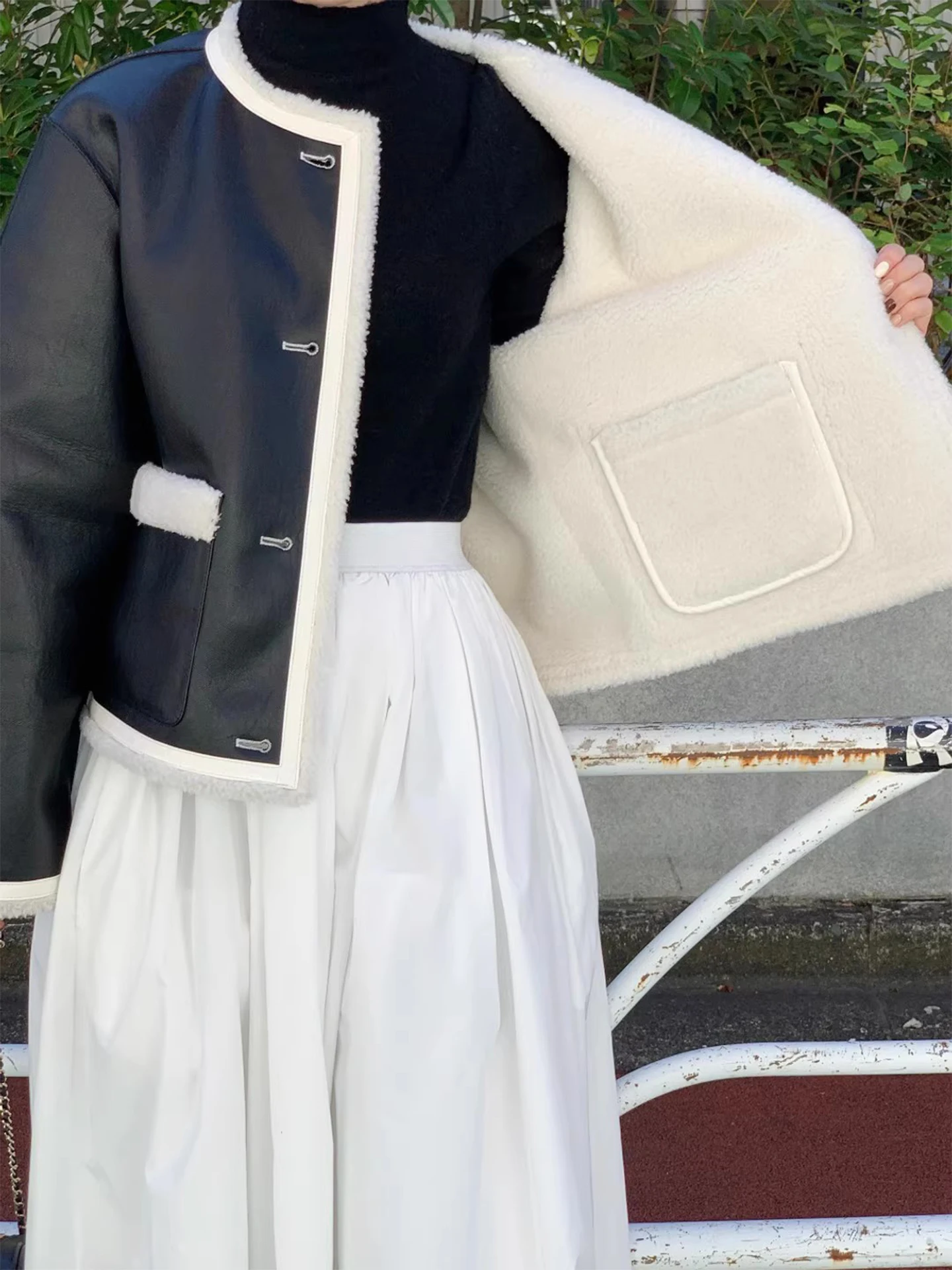 Clothland Donna Elegante Giacca da indossare su due lati Pelle PU Manica lunga monopetto Reversibile Indossare Cappotti invernali femminili CB272