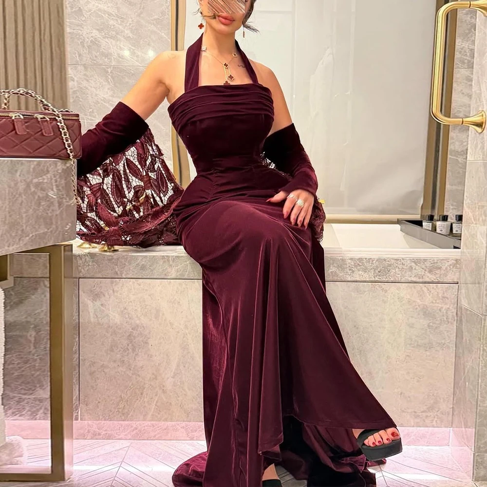 Customized Burgundy Evening Dresses Halter Sexy Cocktail Party Dress for Women Floor Length Ptom Night Gowns
