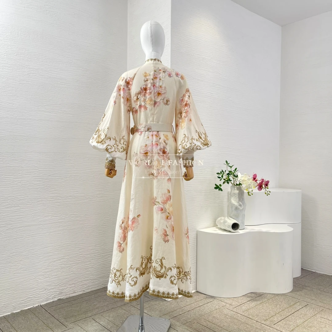 

2025 New Beige Linen Beige Cream Peony Flowers Print Long Sleeve Midi Dress for Holiday