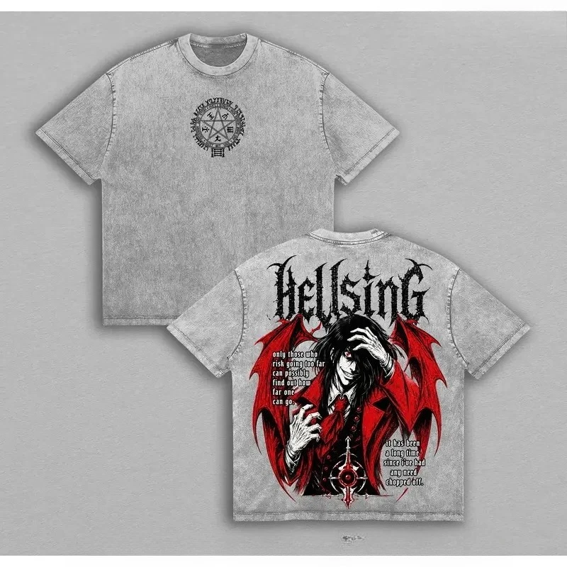 Japanese Anime Hellsing Alucard Retro T Shirt Men Clothing Street Fashion Vintage Washed T-shirt Oversized Cotton Tees Clothes