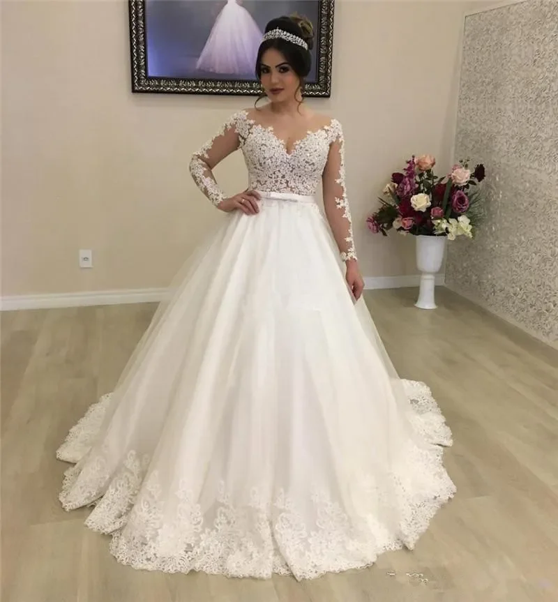 New 2024 Luxury Princess Wedding Dresses Sheer Neck Illusion Long Sleeves Appliques Sweep Train Bridal Gowns Vestidoe De Noiva