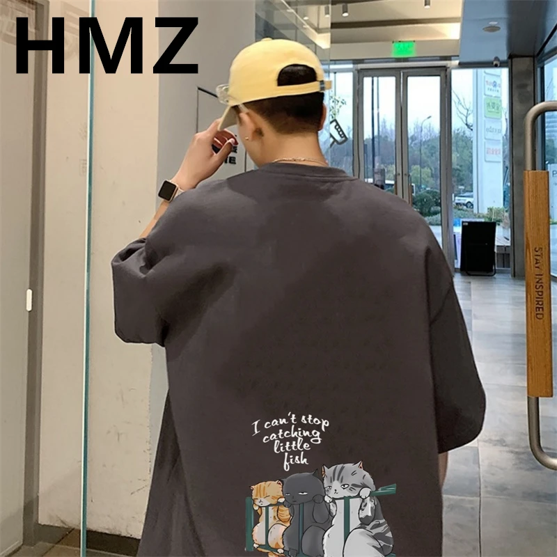 HMZ Summer Cotton T Shirt For Men 2023 Oversize Men Cotton T Shirts Men Casual T-shirt Cat Print Tshirt O-Neck Short Sleeve Man