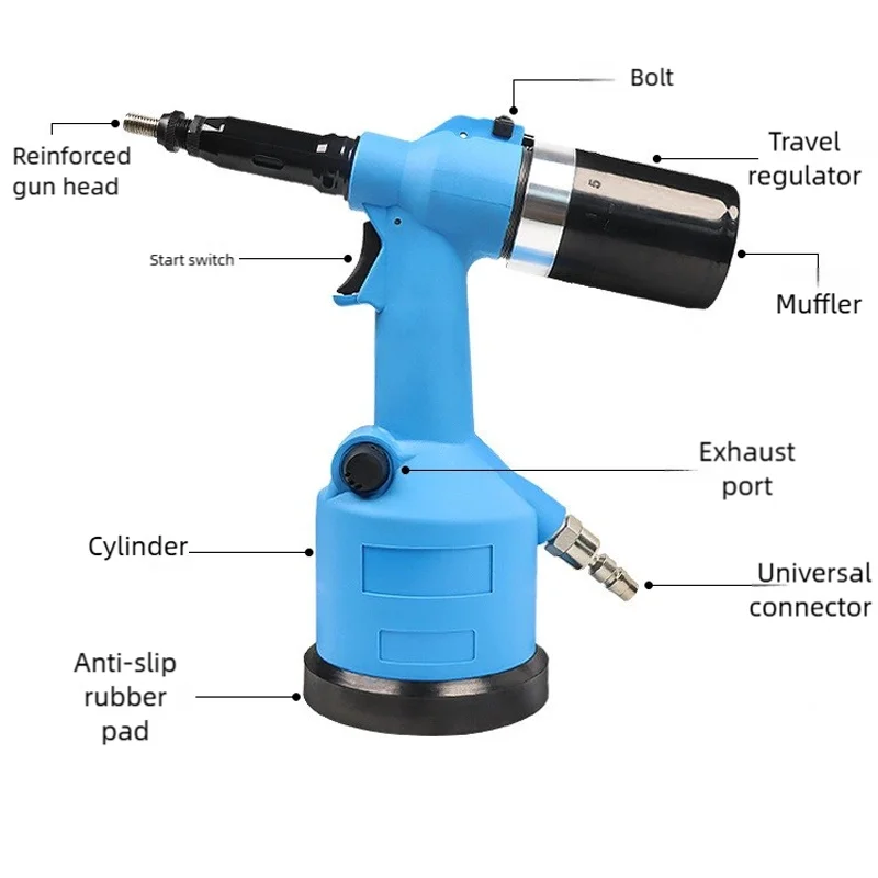 Kit pistola per dadi per rivetti pneumatici blu Corsa regolabile industriale Strumento per rivettatura automatica idraulica pneumatica M3-M12 Rivnut Rivettatura
