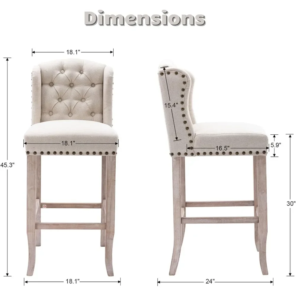 Taburetes de bar modernos, juego de 2, taburetes de bar de 30 pulgadas con respaldos y patas de madera, taburetes de cocina de tela de lino