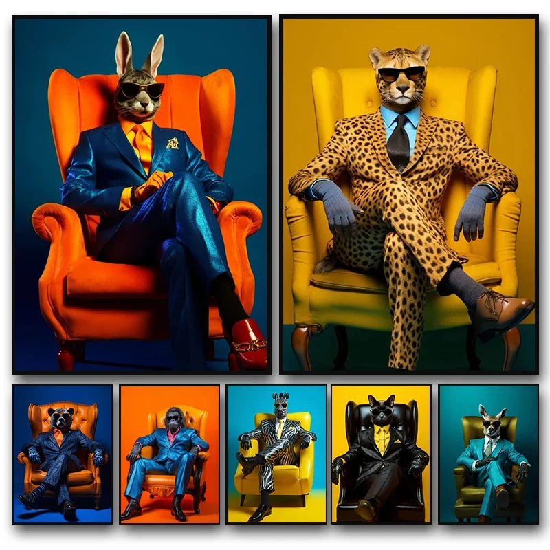 Lustige elegante Tiere, cooler Gepard, Gorilla, Zebra mit Anzug, Pop-Wandkunst, Poster, Druck, Leinwandgemälde für Wohnzimmer, Heimdekoration