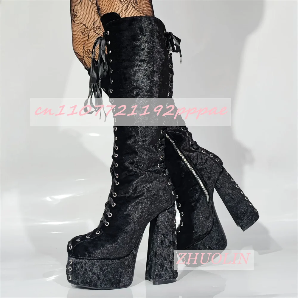 

Зимние черные бархатные сапоги на платформе со шнуровкой, сапоги до колена с круглым носком на массивном каблуке и боковой молнией, вечерние сапоги-гладиаторы до середины икры 47