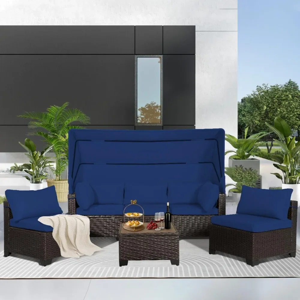 6 PCS Outdoor Patio Furniture Set,Sectional Sofa Set,Rattan Daybed with Retractable Canopy,Adjustable Backrest,Storage