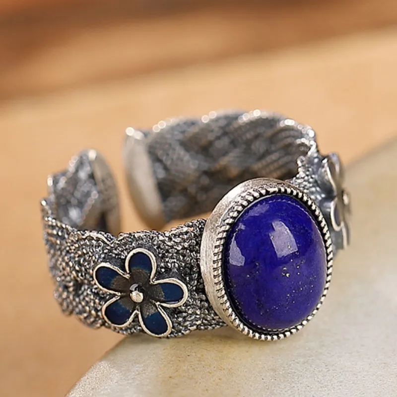 Genuine S925 Sterling Silver Rings for Women New Fashion Lapis Lazuli Enamel Flowers Weaven Pattern Adjustable Ring Jewelry