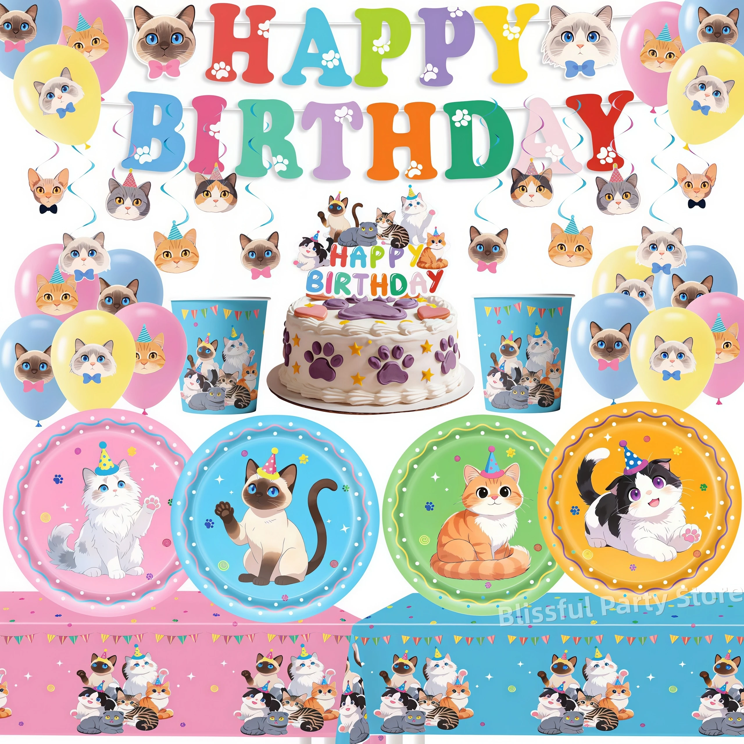 Decoração de Festa de Aniversário para Gatos de Estimação, Kit de Utensílios de Mesa com Tema de Gato, Balão, Lembrancinha para Crianças, Suprimentos para Chá de Bebê