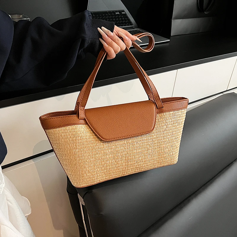 

2025 Fashion Trend Casual Woven Basket Bag Retro Handbag Women Underarm Bag Summer Beach Straw Tote Bag Female Shoulder Bag