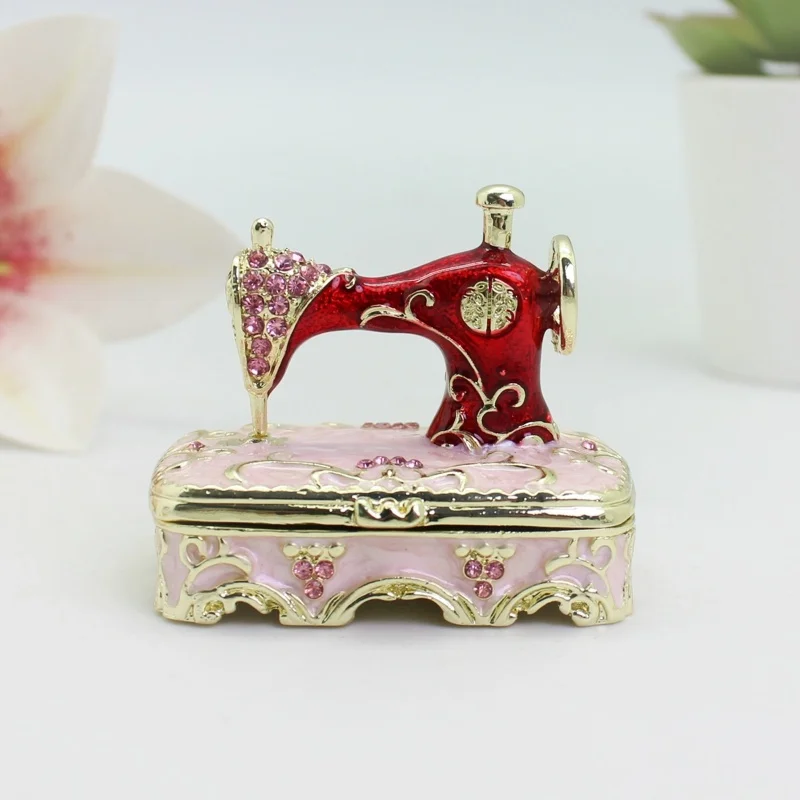 SHINNYGIFTS Sewing Machine Trinket Box Enamel Jewelry Box Hand Painted Retro Style Collectible Keepsake for Home Decor