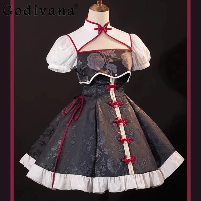 중국 스타일 코스프레 애니메이션 의상 정장 여성 머리 장식 액세서리 드레스 세트 여성 짧은 소매 캐주얼 드레스