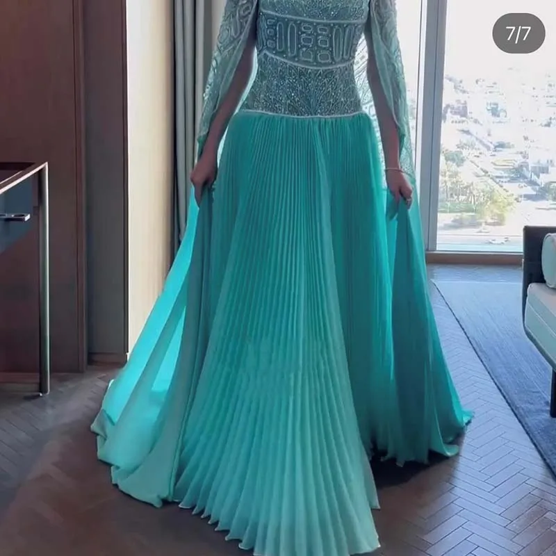 L197 Fashion Green Cape Luxury Beaded Open Back Ruffle A-line فساتين السهرة vestidos de fiesta فساتين سهره evening dresses