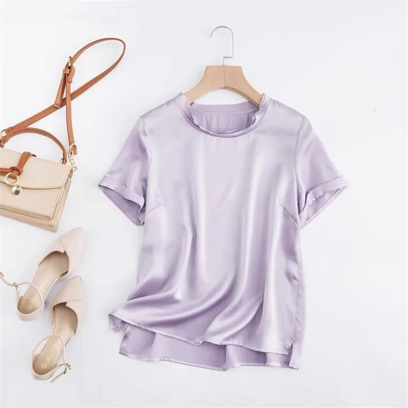 Sport Ice Silk  Short Sleeved artificial silk Blouse New Summer Candy Colors Basic Cozy Top Women Solid Acetate satin T shirts