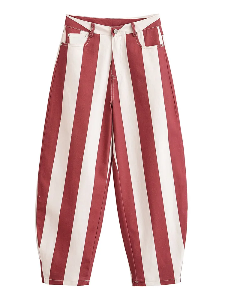 HH Women Summer Casual Relaxed Red White Wide Vertical Stripe Barrel Jeans High Waist Baggy Tapered Denim Pants With Pockets