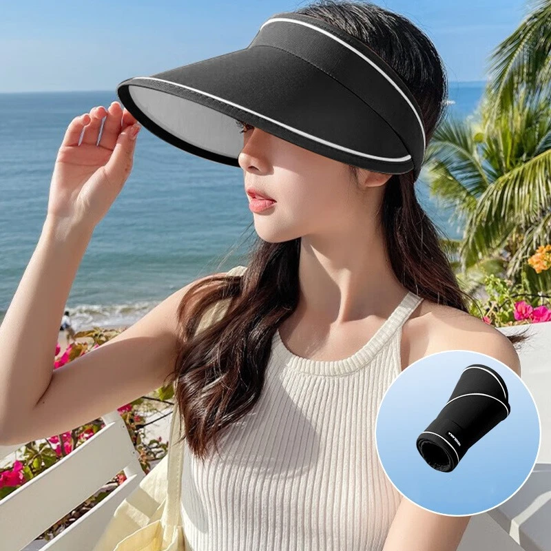 Fashion Solid Color Travel Portable Foldable Imitation UV Empty Top Sun Hat for Women Summer Large Brim Beach Casual Hat for Men